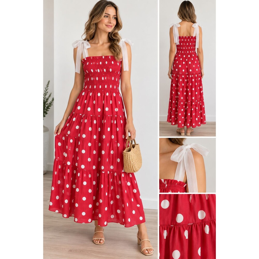 En Saison S Red White Polka Dot Smocked Maxi Dress Tie Strap Coquette Cotton EUC